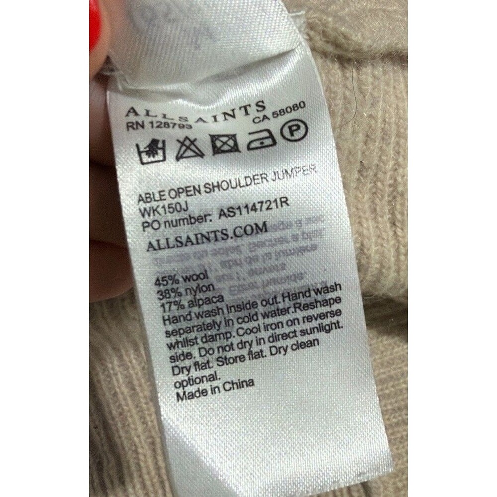 ALLSAINTS Women’s Wool Alpaca Knit Sweater Cold Shoulder‎ Beige M Asymmetrical - Picture 9 of 9